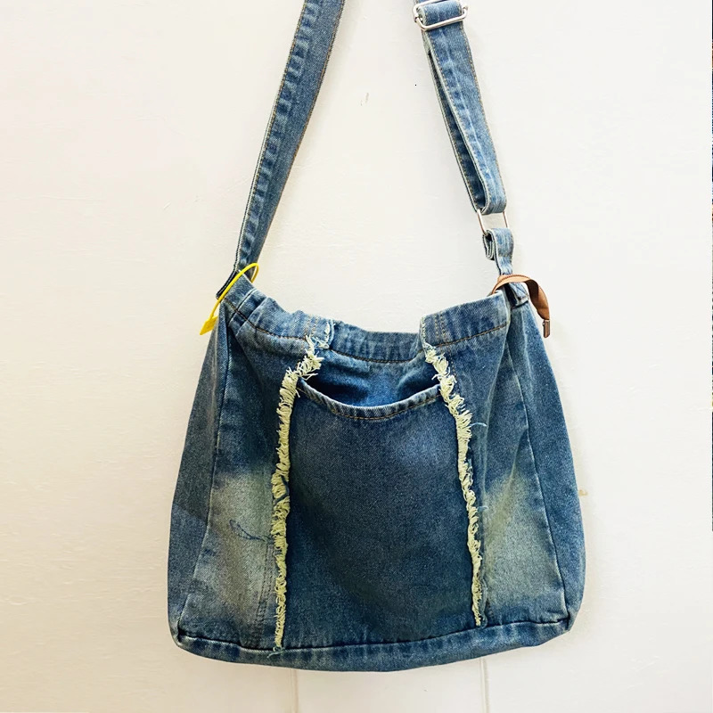 Japan Style Messenger Bags For Women Handbags And Purse In Denim Wooden Beads Stitching Tassel Shoulder 250207