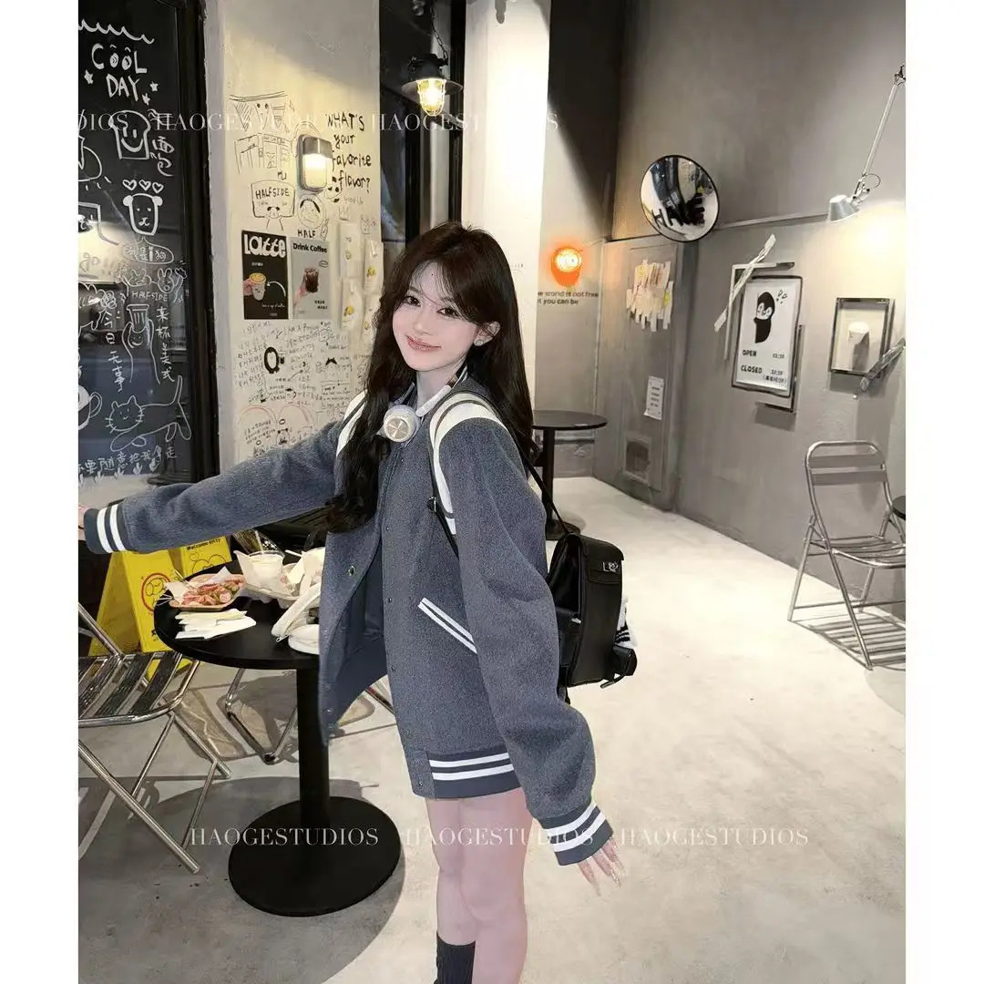 Japanese College Style Contrasting Color Patchwork Stand Up Collar Baseball Jacket Mens and Womens Fashionable Versatile 250212