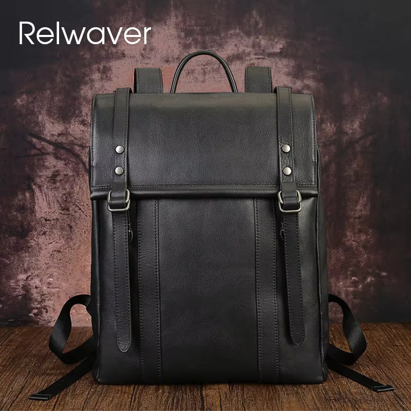 Relwaver Men Women Genuine Leather 2025 Spring Big Capacity Travel Black Cover Business Backpack