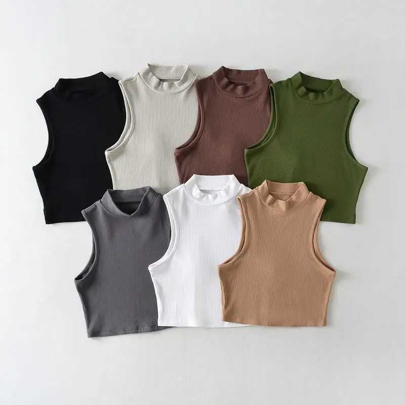 Crop Top Sexy High Neck Tight Sveless Tank Tops Summer Black Women Fashion Solid Basics Casual Streetwear Vest FeXJ250212
