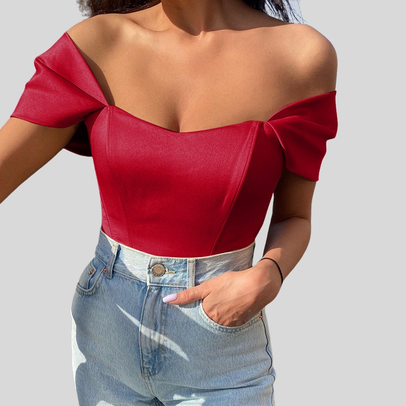 New arrival European and American women's clothing summer fishbone waist tube top satin one-word shoulder top women