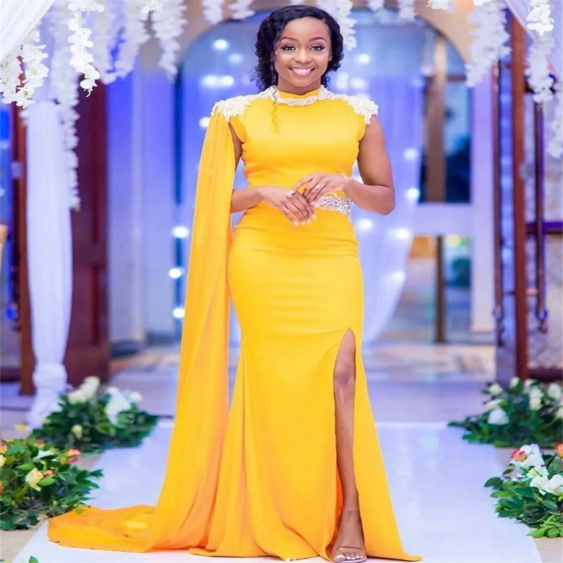Gorgeous Yellow Prom Dress With Train Elegant Crystal Mermaid Black Girls Evening Dress Dance Slit Formal Party Dress 2025 African Robe De Soiree Vest