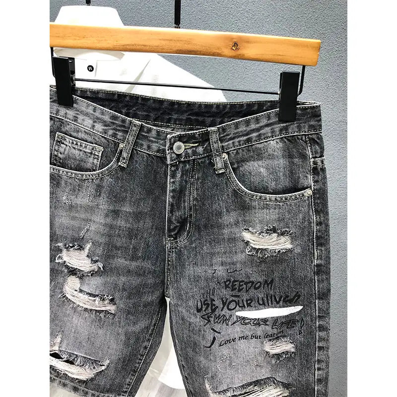 Harajuku Casual Summer Short Jeans Ripped Hole Cargo Knee Length Mens Denim Cotton Loose Black Grey Shorts 250211