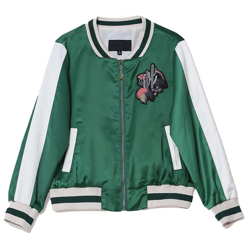 Chic women Bomber Flowers embroidery baseball jacket loose Satin short coat High waist Zipper striped Jacket Outwear Cardigan 250212