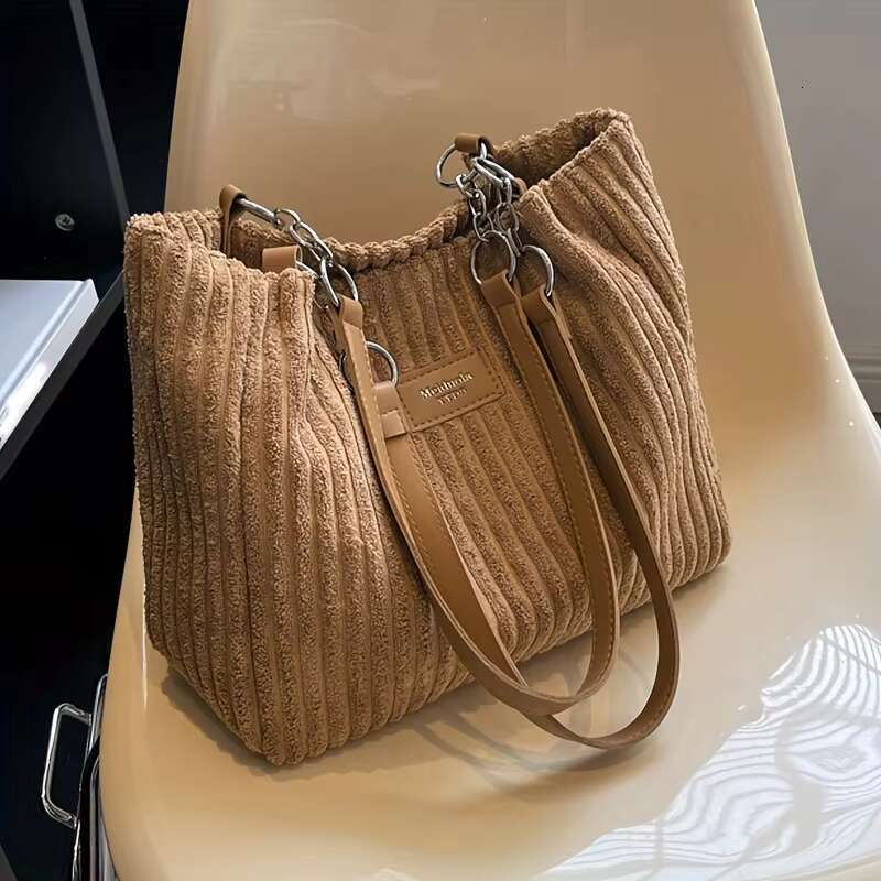 Women's Bags Women Corduroy Bag, Solid Color Handbag, Fixed Shoulder Strap, Large Capacity Simple Multifunctional Design Casual