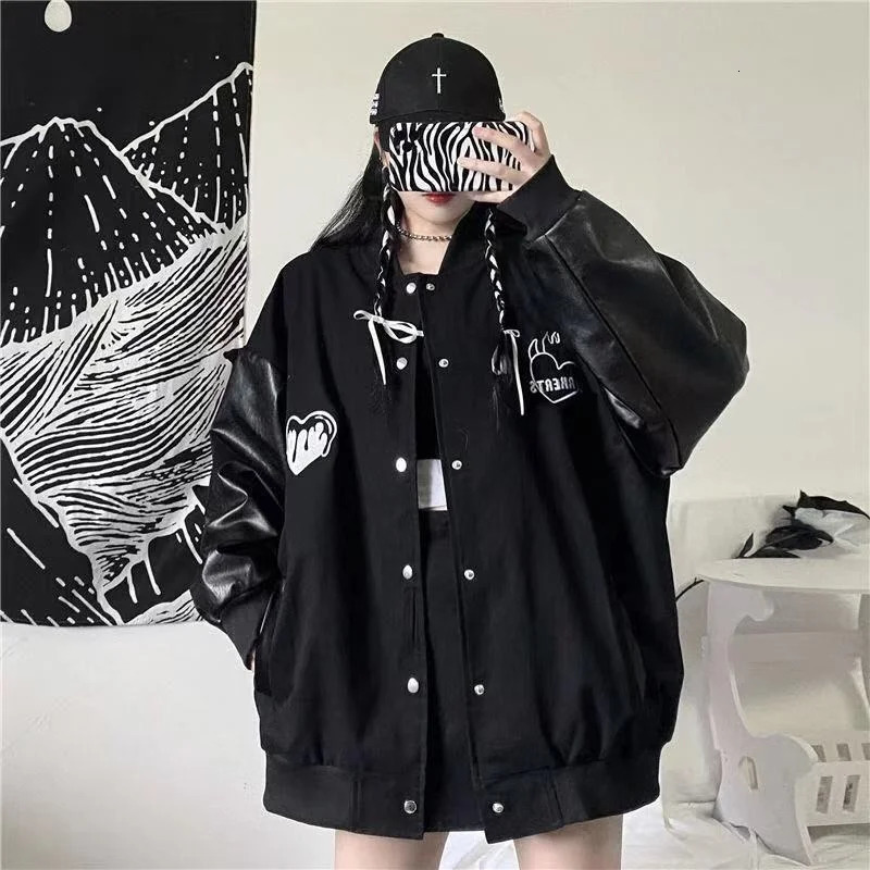 Spring Autumn Coat Womens Korean Harajuku Style Bomber Jacket Oversized Jacket Leather Pure Black Womens Jacket Cloth 250212