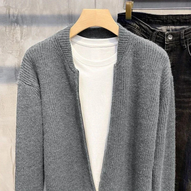 Knitted Sweaters for Men Black Man Clothes Plain Y2k Vintage Cardigan Solid Color Zip-up Zipper Collared Long Sleeve 100% Tops A 250211