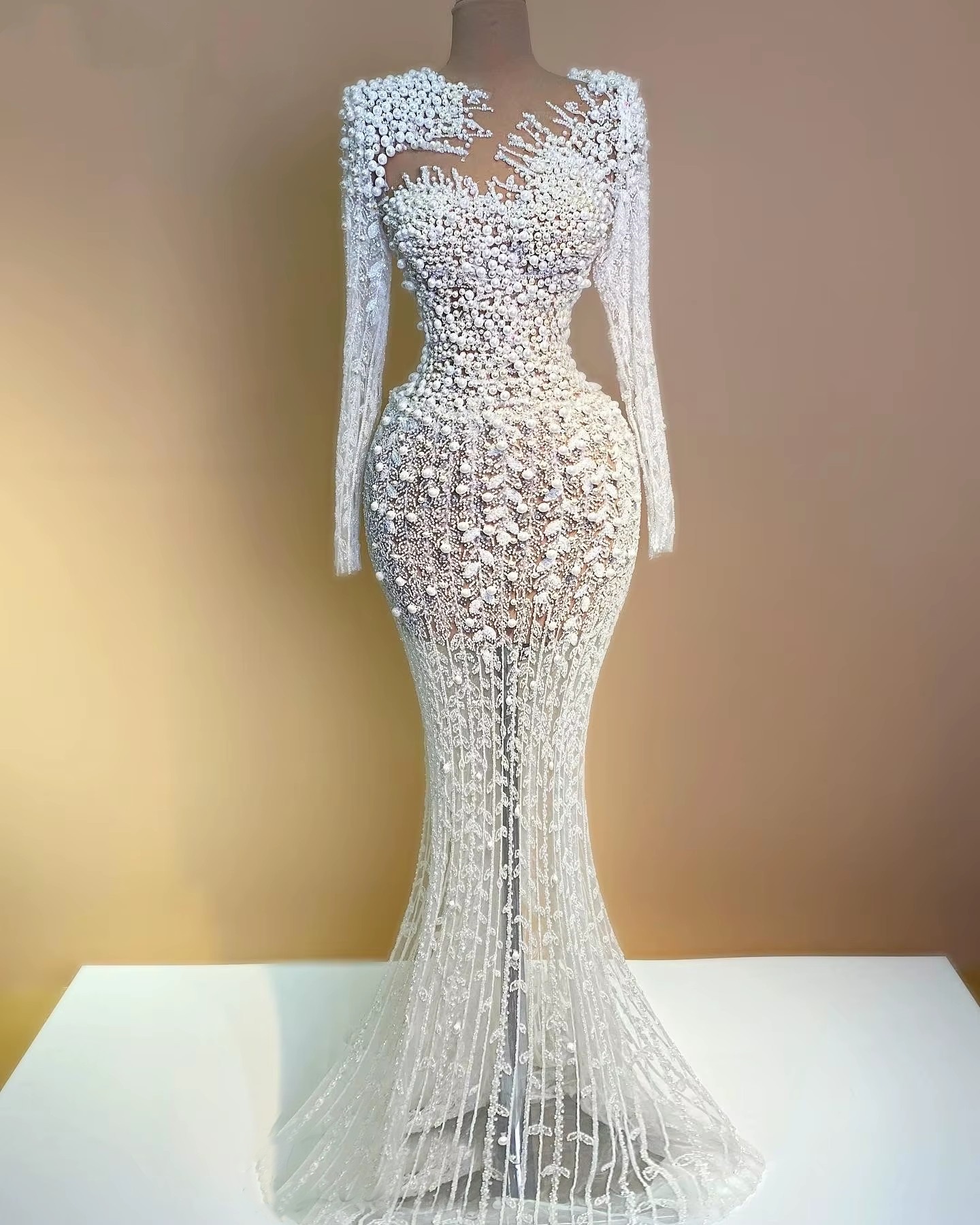 Gorgeous Pearls Wedding Dresses Sequins Mermaid Bridal Gowns with Overskirts Beading Long Sleeves Customized Princess Sweep Train Bride Dress Vestidos