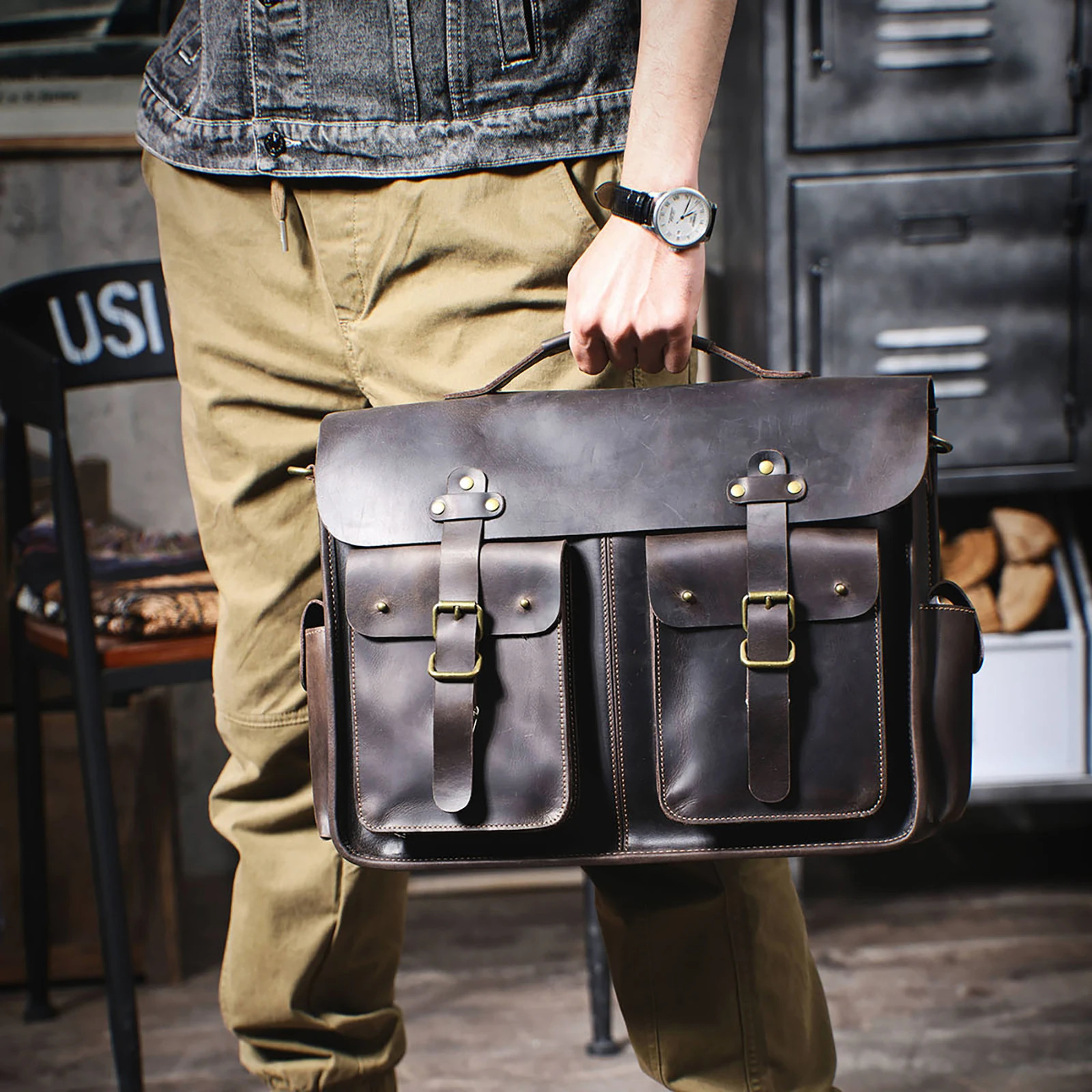 S.WORKER Vintage Genuine Leather Mens Briefcase 16 Laptop Bags Crazy Horse Leather Messenger Handbag Cowhide Idea Gift For Men 250207