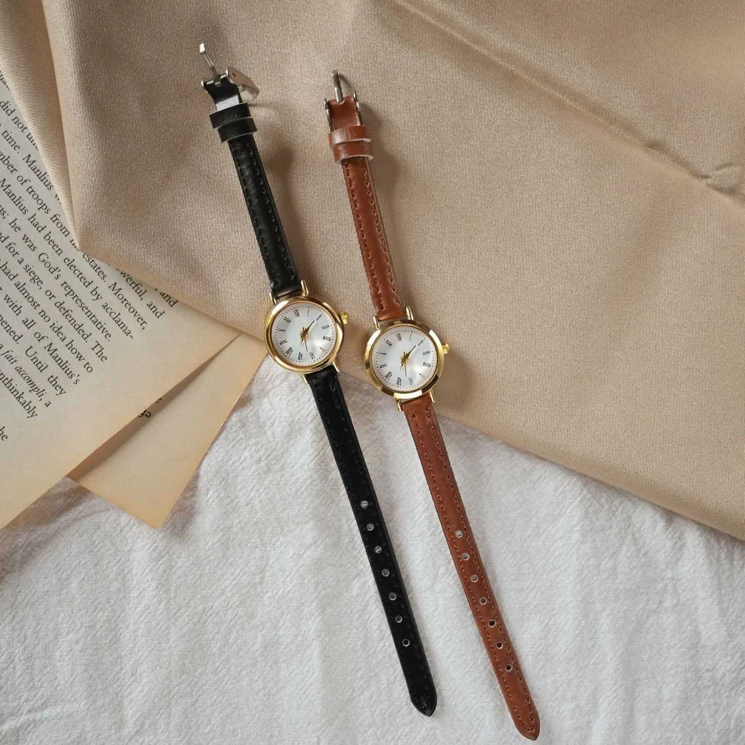 Womens brown and white small watch ultra-thin leather strap womens quartz watch wristwatch Reloj MujerXJ250408