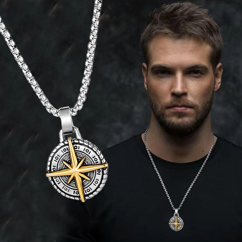 Hip Hop Vintage Stainless Steel Compass Pendant Necklace 18K Gold Plated Men Jewelry