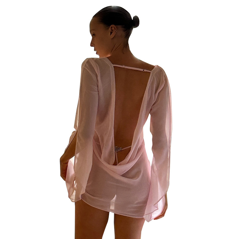 Casual Dresses Women Lingerie Sheer Dresses Exotic Nightgown Mesh Cowl Neck Backless Babydoll Dress Exotic See Through Nightwear Sleepwear