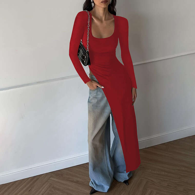 Hot selg women's autumn product fashion personality U-neck slim fit slit long sleeved dress wholesale 2025 new style temperament chic elegant clo