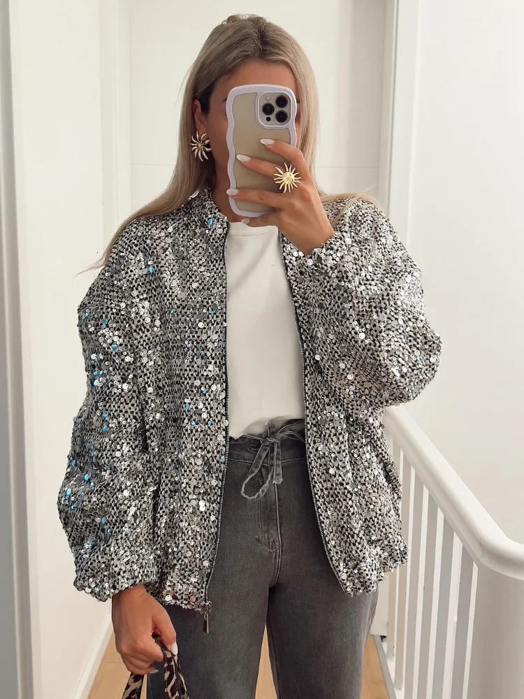 Women Fashion Sliver Sequins Patchwork Short Coats Elegant Zipper Stretch Hem Bomber Jacket 2025 High Street Female Outwear 250212
