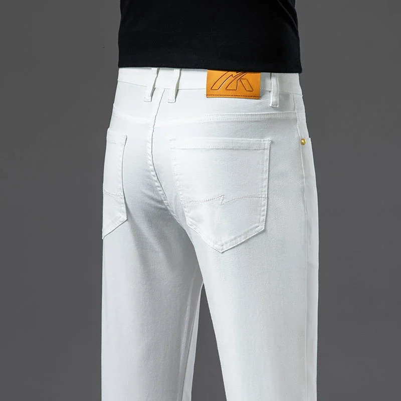 Summer Thin Mens Straight Denim Cotton Stretch Creamywhite Jeans Classic Business Pants Fashion Trousers Male 250210