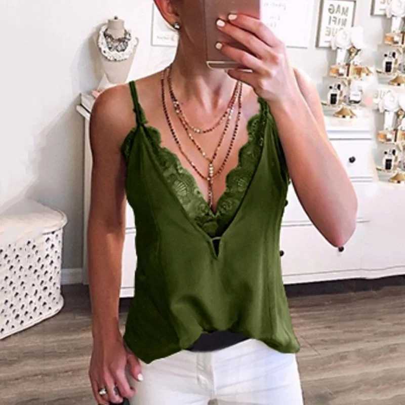 Fashion Casual Sexy Solid Vest Women Summer Ladies Sveless Lace Patchwork Mesh Loose Vest Deep V-Neck Cami Soft Tank TopsXJ250212
