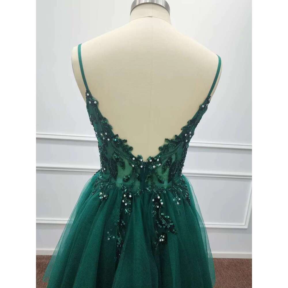 Spaghetti Straps Tulle Beaded Homecoming Dresses Lace Sequin Dark Green Crystal Party Prom tail Graduation Vestido De Gala