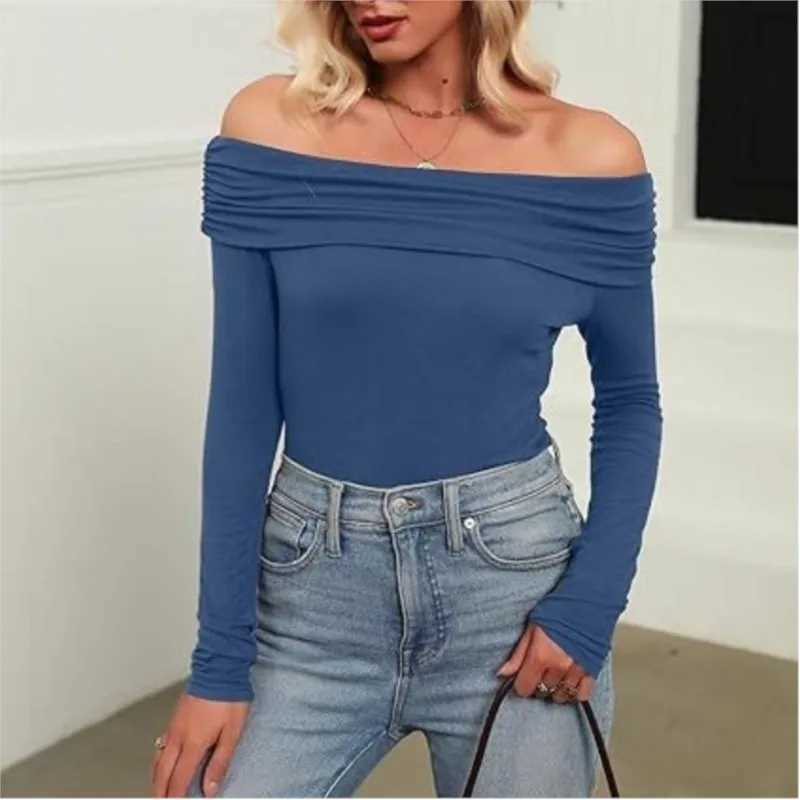 Long Sve T-shirts For Women Clothing One Neckline Womens Shirt 2024 Trend Pullover Womens Blouses Slim Fit Womans T ShirtXJ250212