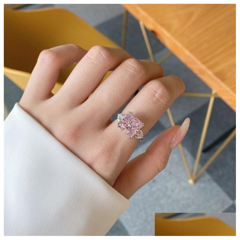 Rings Pink Designer Diamond Ring For Woman Wed Promise 925 Sterling Silver 8A Zirconia Sqaure Heart Love Engagement Womens Luxury Jew Otyky