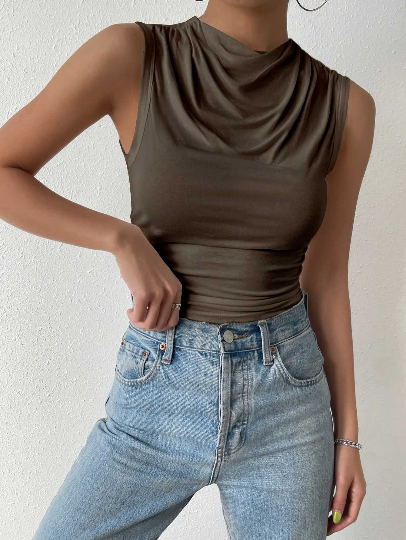 Womens Casual Pleated Design Top Summer Fashion Street Style Solid Color Slim Half High Neck Sveless T-Shirt TopXJ250212