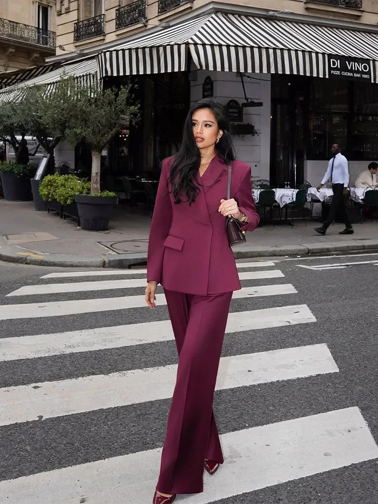 Fashion Women Wine Red Lapel Suits Jacket Long Pants Casual Loose 2 Pieces Sets Spring Chic Lady Office Commute Streetwear 250207