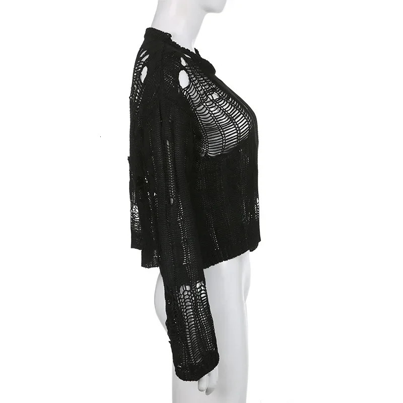 Hollow Out Pullovers Women Sexy Knitwear Top Black Chic Fishnet Loose Tops Long Sleeve Top Y2k Steetwear Women Clothing 250210