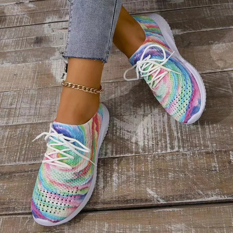 Women Mix Color Mesh Knitted Sneakers 2024 Autumn Lightweight Breathable Soft Sole Running Shoes Woman Slip on Flats Sock Shoes 250207