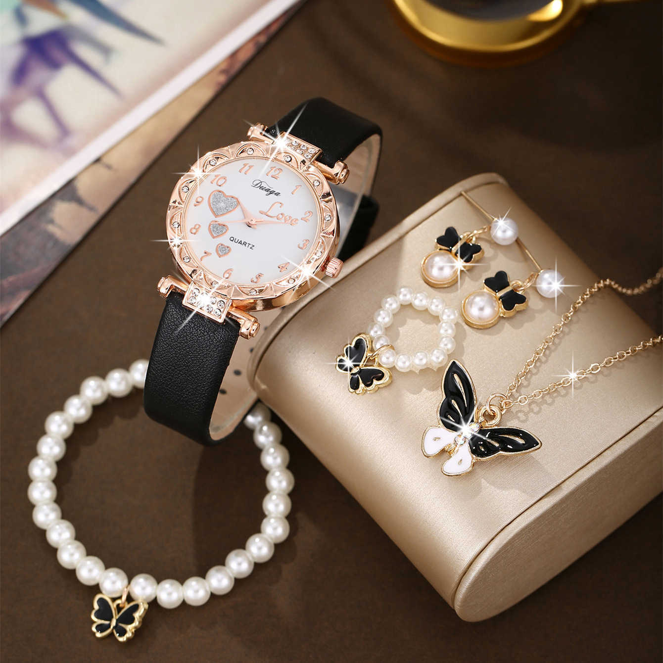 2024 New European Sweet Round Dial Matte Belt Watch Pearl Butterfly Jewelry Set W250212