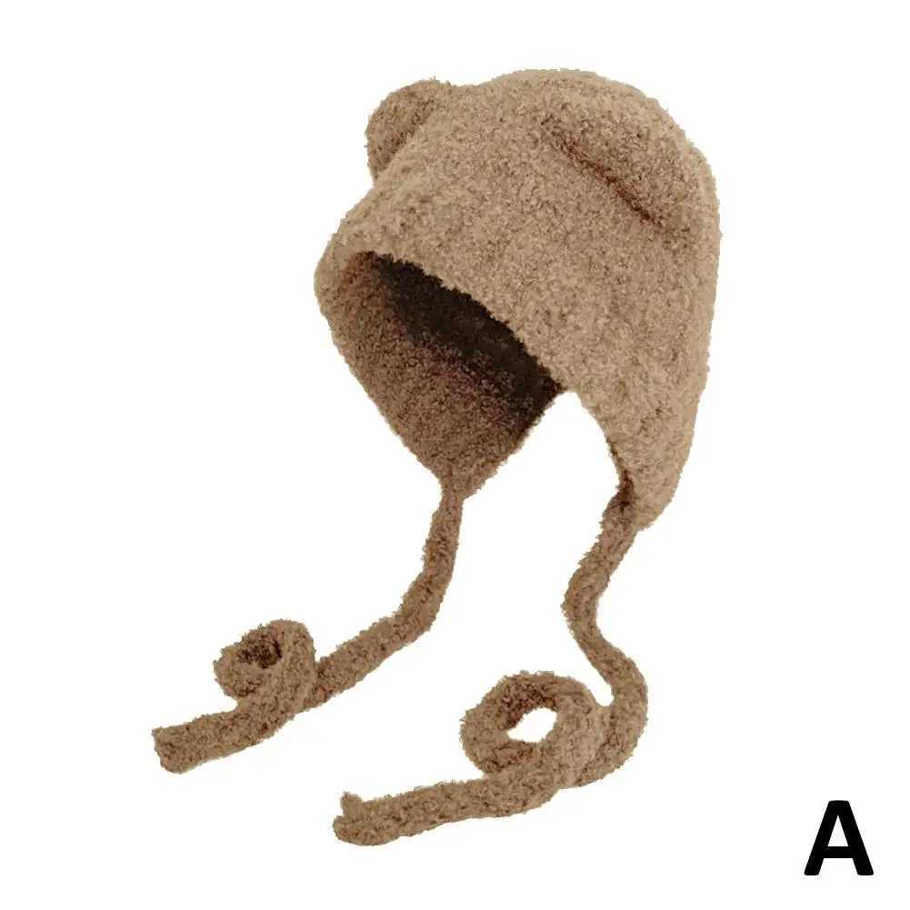 Winter plush bear cute bear ear fur hat warm lace shoe hat Gorros knitted hat warm hat protection Bber Korean ear weave X4L2 X250212