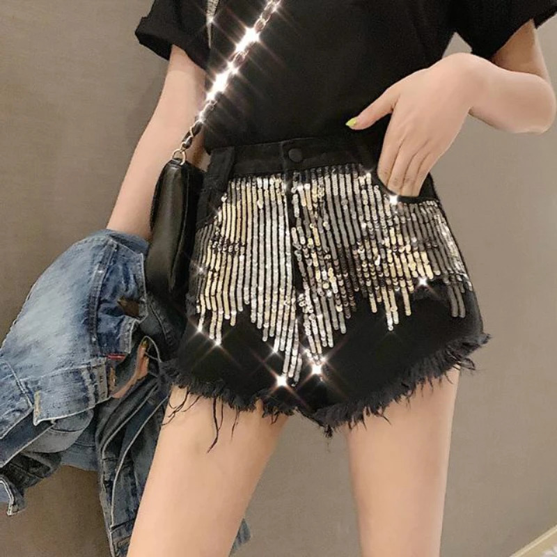 Womens Denim Shorts with Rhinestones Sequin Short Pants for Woman To Wear Trend n Korean Style Outfits Youthful Jeans 250212