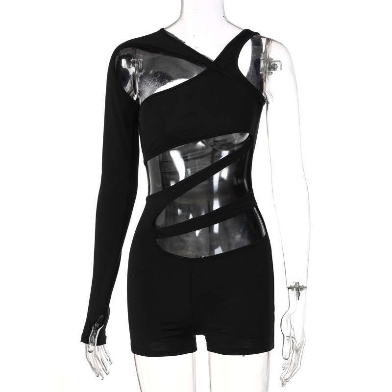 European and American women's summer solid color slim fit hollow out single shoulder sleeve short jumpsuit wholesale 2025 new casual versatile fa