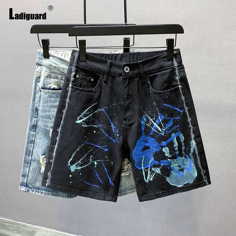 Men Vintage Ripped Demin Shorts European Fashion Zipper Pocket Short Jeans All-Match Color Letter Print Demin Shorts Hommes 250212