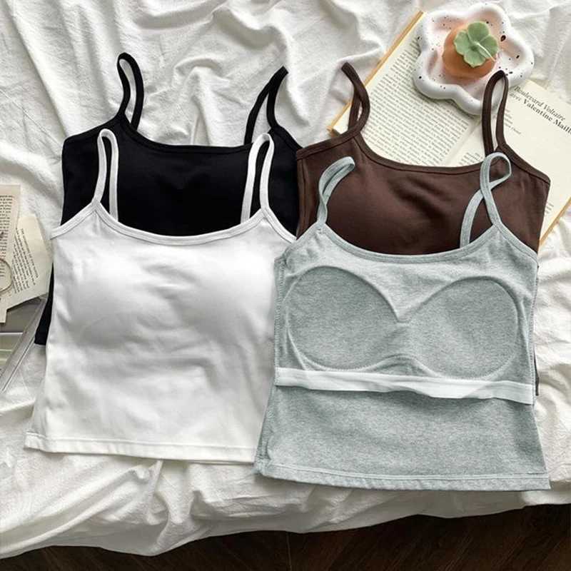 Korean Womens Solid Color Spaghetti Straps Sveless Slim Camisole With Chest PadXJ250212