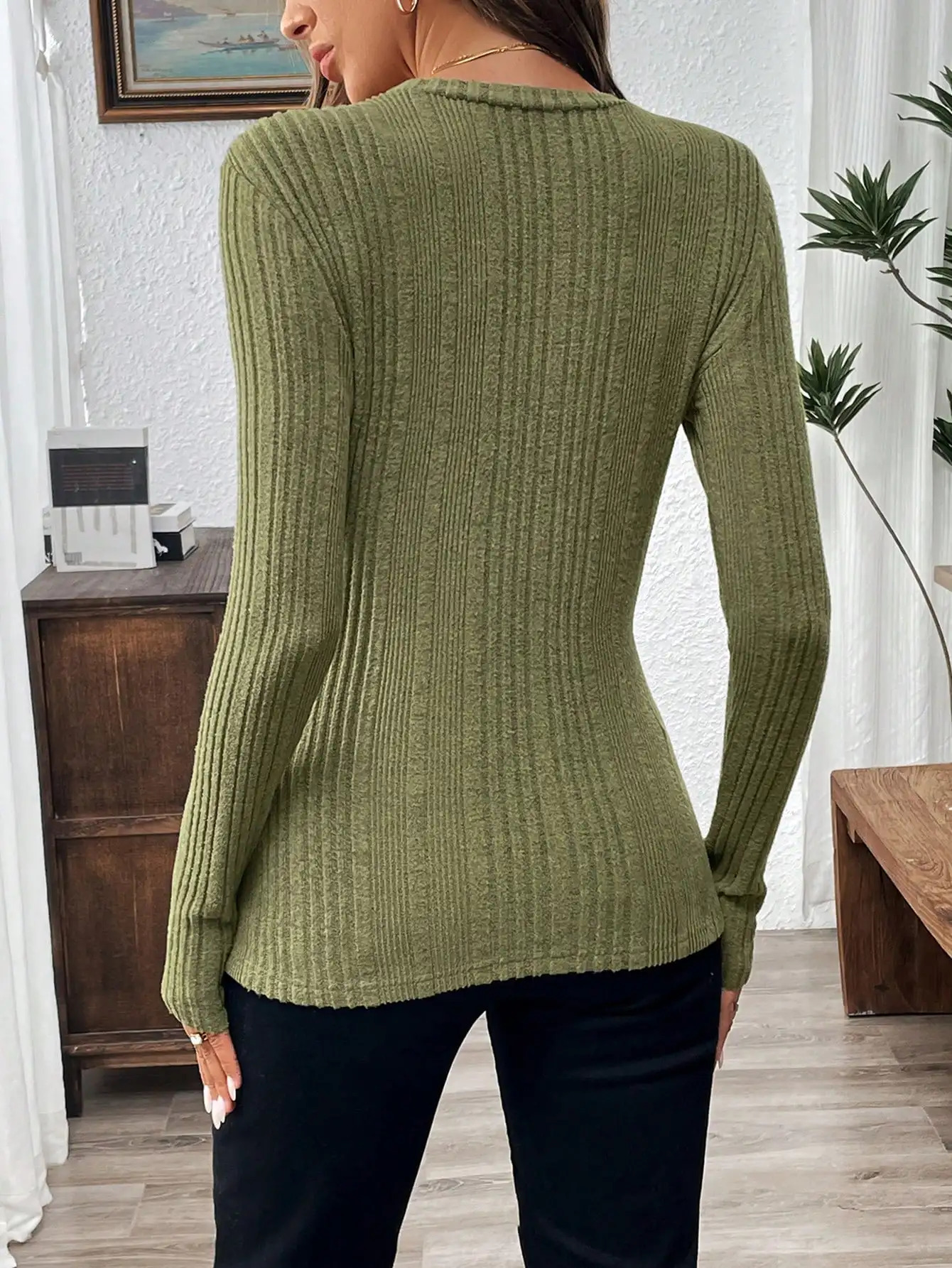 Green Ribbed Ladys Casual Daily Wear Long Sleeve Basic Top TShirt 250114Z