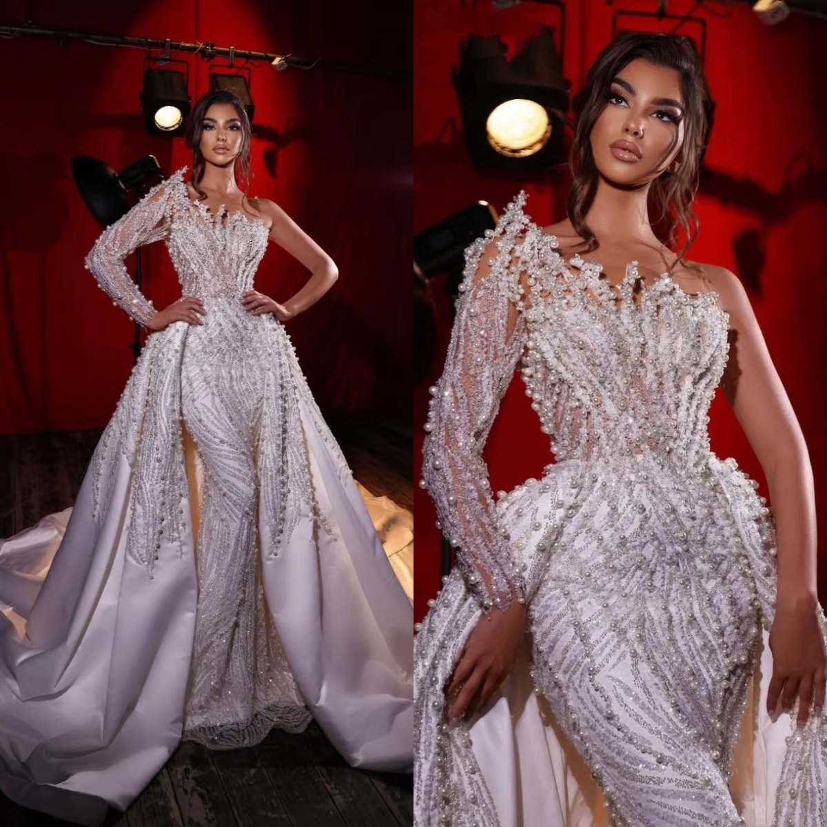 Mermaid Wedding Dress One Shoulder Long Sleeves Bridal Gowns Sequins Pearls Detachable Train Dresses Custom Made vestidos de novia