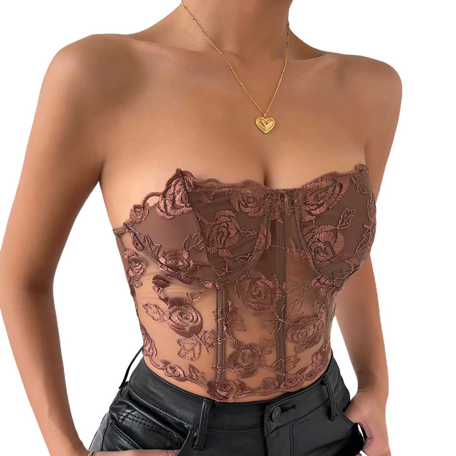 Newest Arrival Women Bustier Tube Tops Embroidery Flower See Through Off Shoulder Tank Tops for Daily Club PartyXJ250212