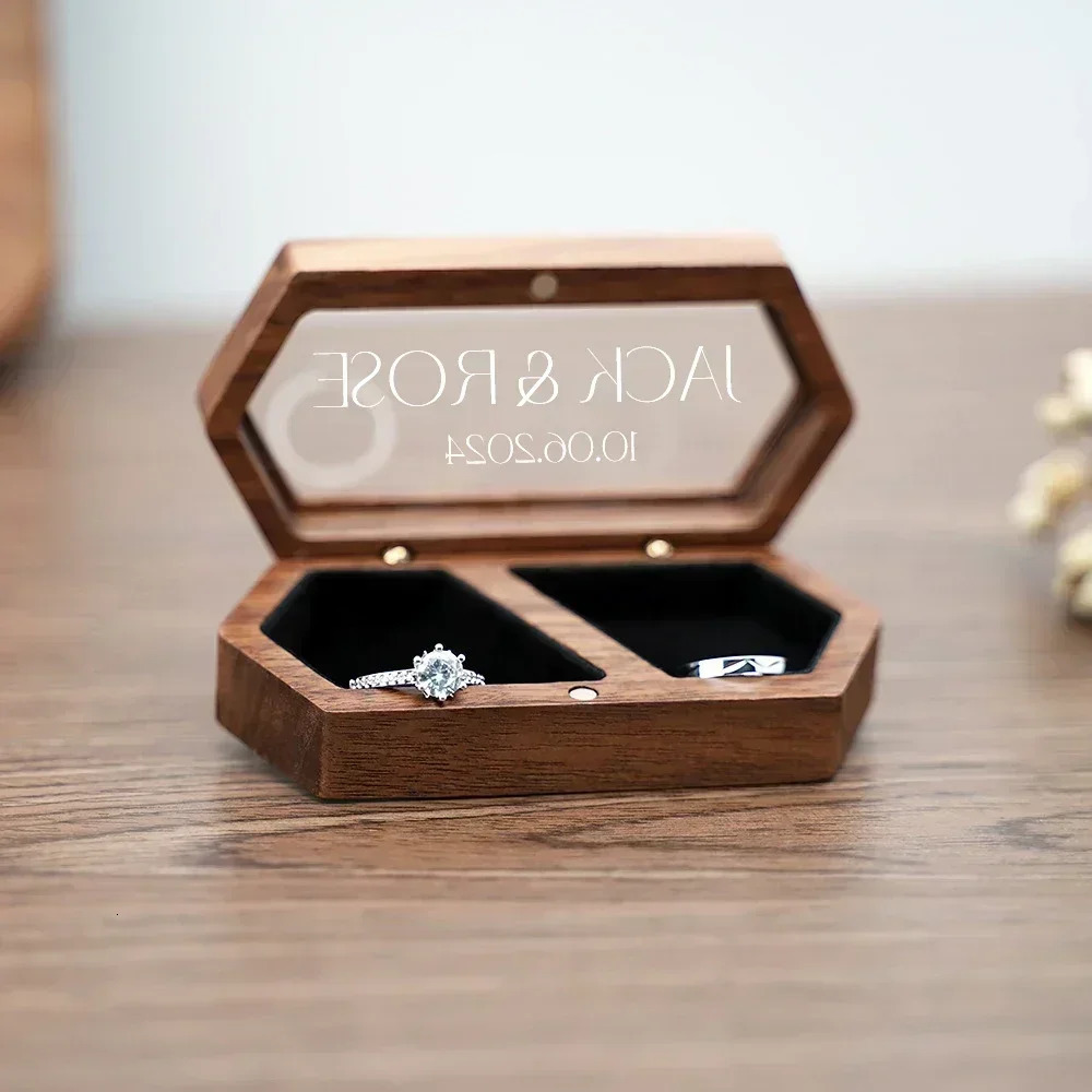 Free Custom Personalized Walnut Wooden Ring Box Engraved Engagement and Wedding Holder Gift for Couples Brides Grooms 250117
