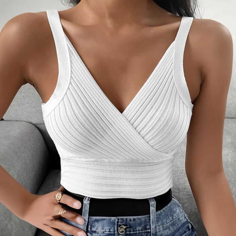 Rib Knit Wrap Front Crop Top Women V-Neck Sveless Camis and Tanks Summer Sexy Club Party OutfitXJ250212