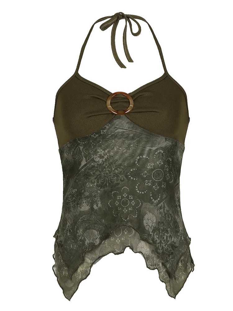 Sweetown Retro Forest Green Vintage Print Boho Y2K Camisole Backless Halter Tie Asymmetrical Tops Women Summer Vacation ClothingXJ250212