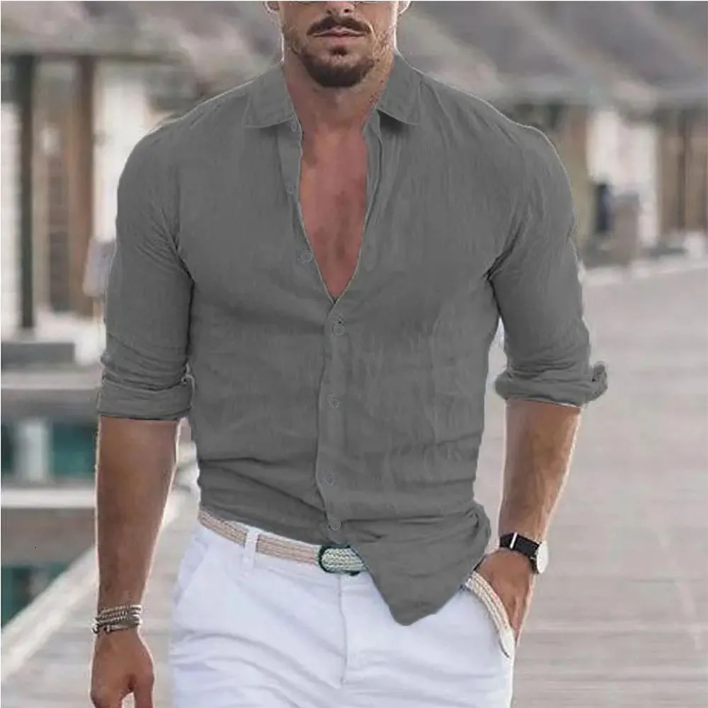 Mens Shirt Cotton linen Casual Polo Neck Beach Shirt Long Sleeve Solid Hawaiian Holiday Shirts Streetwear 250211