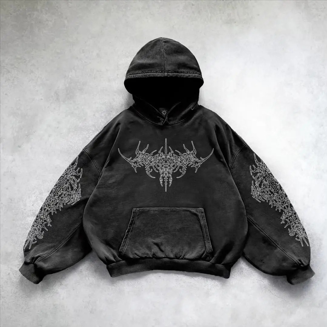 American Harajuku Y2K Gothic Dark Pattern Printed Laundry Hoodie Mens Loose Street Hip Hop Rap Trend Womens Sportswear 250210