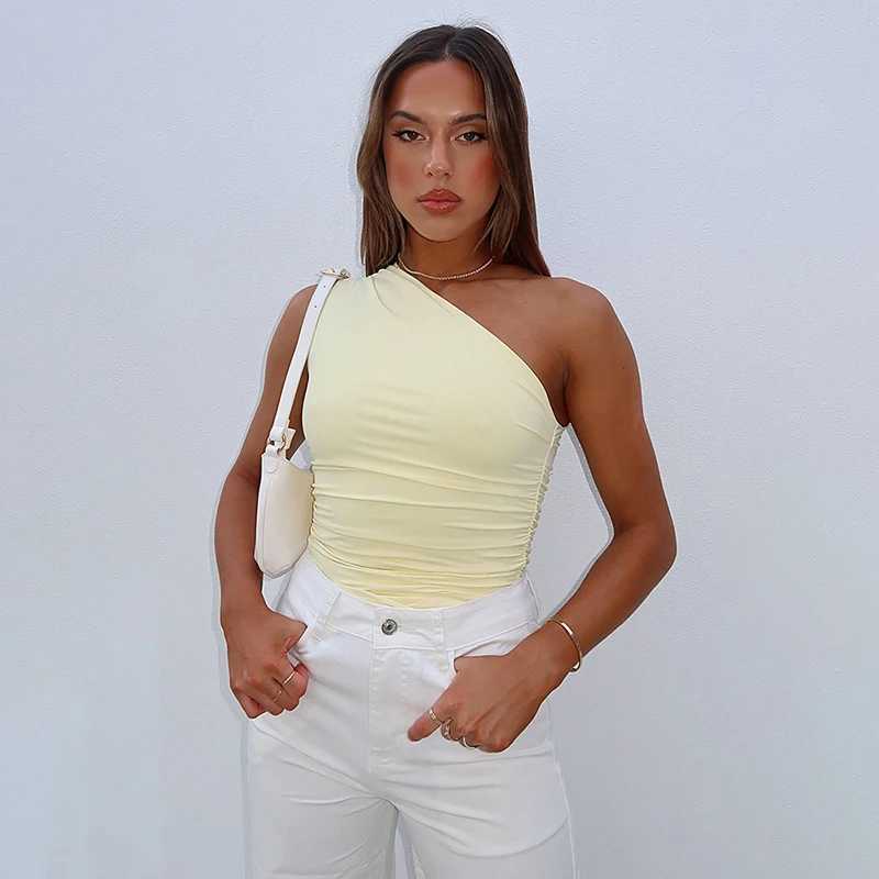 BUILDINGB Solid Color One Shoulder Backless Shrink Tank Top T-Shirt Candy Color Tight Sexy Sveless Neckless Slim Casaul TopXJ250212