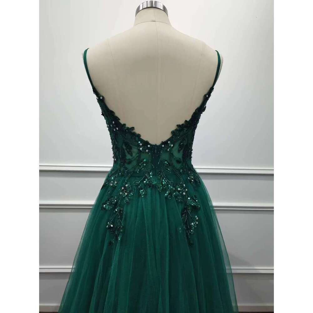 Dark Green Straps Soft Tulle Evening Dresses Beaded Sequin Appliques Crystal Formal Party Prom Gowns Vestido