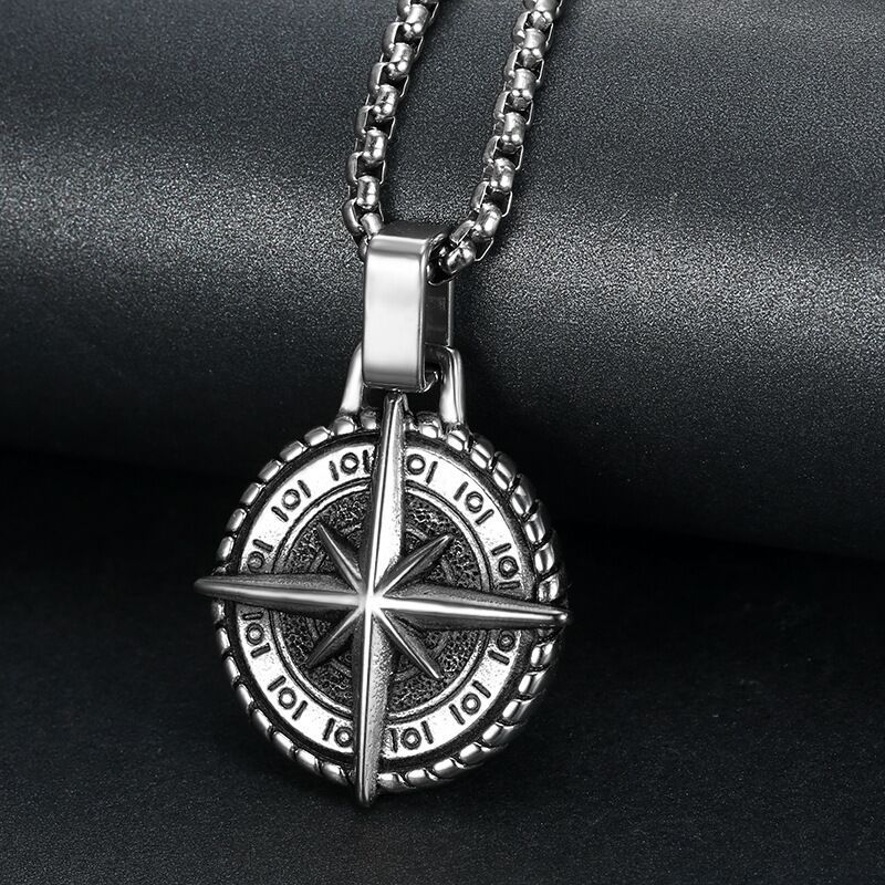 Hip Hop Vintage Stainless Steel Compass Pendant Necklace 18K Gold Plated Men Jewelry