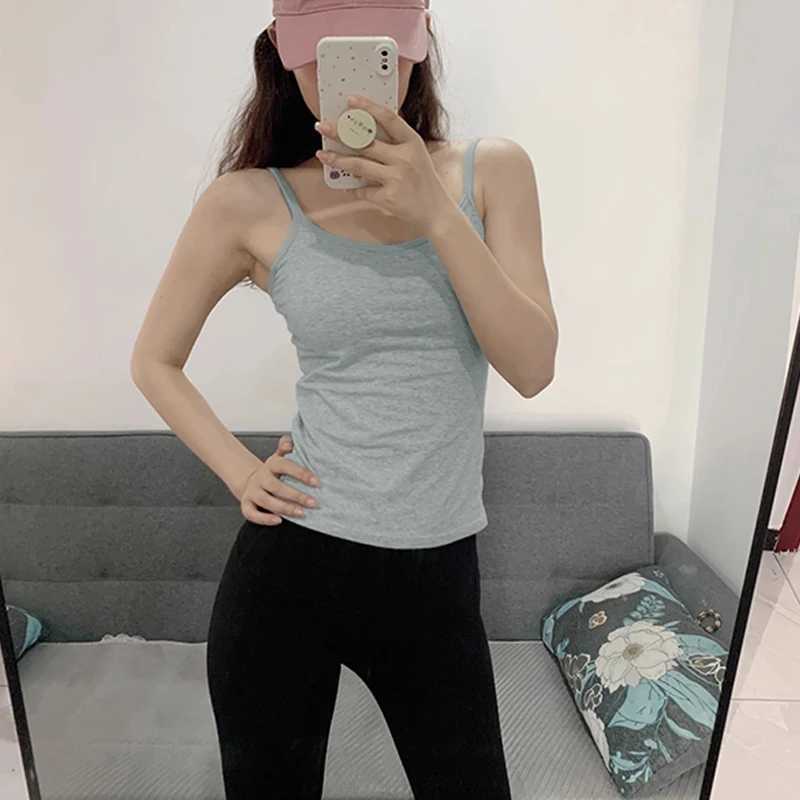 Korean Womens Solid Color Spaghetti Straps Sveless Slim Camisole With Chest PadXJ250212