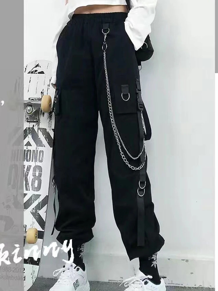 ZOKI Gothic Womens Cargo Pants Black Jogger High Waist Harajuku Harem Punk Techwear Chain Trouser Hip Hop 250211Z