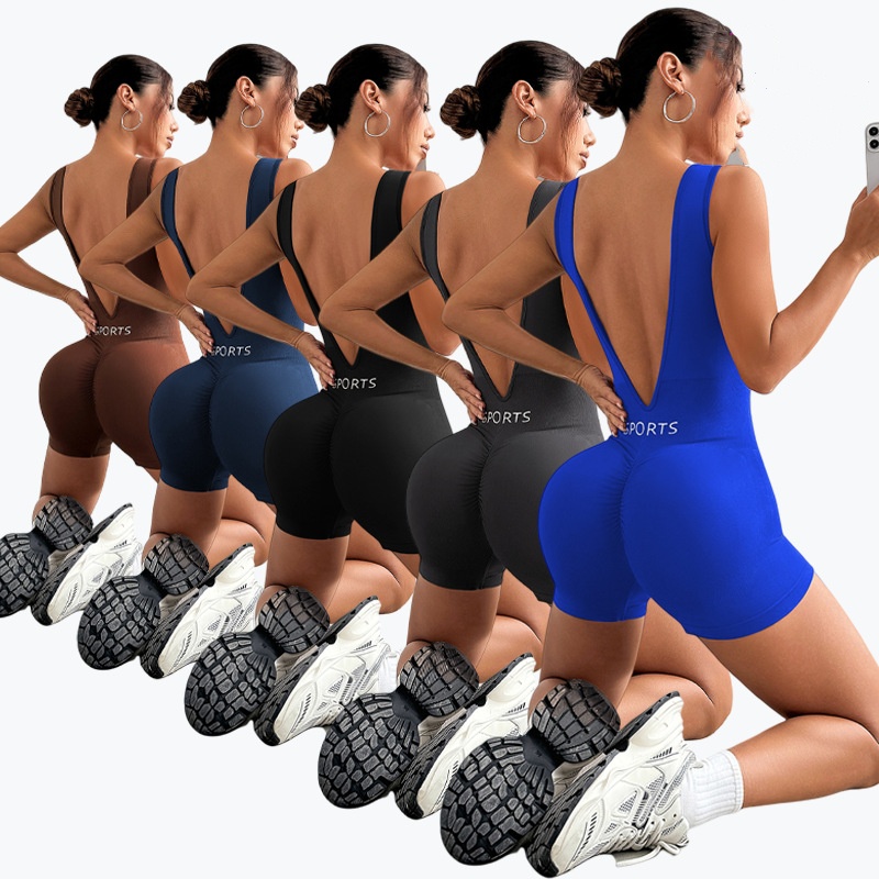 European and American women's fashionable deep V-waist slim yoga jumpsuit shapewear fitness suit tight fitting sportswear