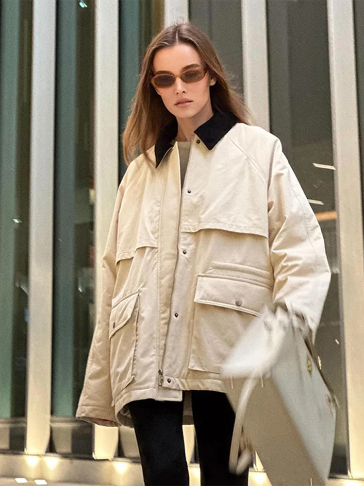 Contrast Lapel Womens Jackets Casual Long Sleeve Zipper Pocket Female Coats 2024 Autumn Winter Fashion Lady Streetwear Outwears 250120