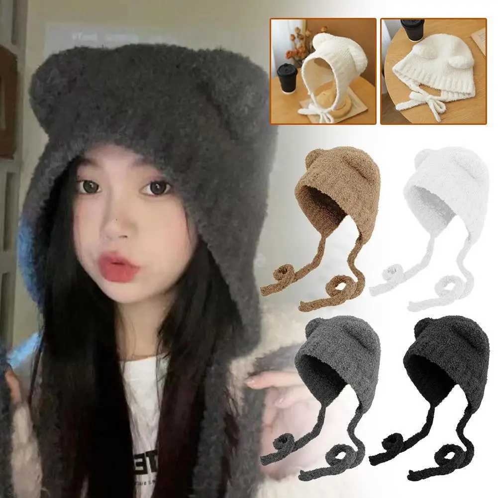 Winter plush bear cute bear ear fur hat warm lace shoe hat Gorros knitted hat warm hat protection Bber Korean ear weave X4L2 X250212
