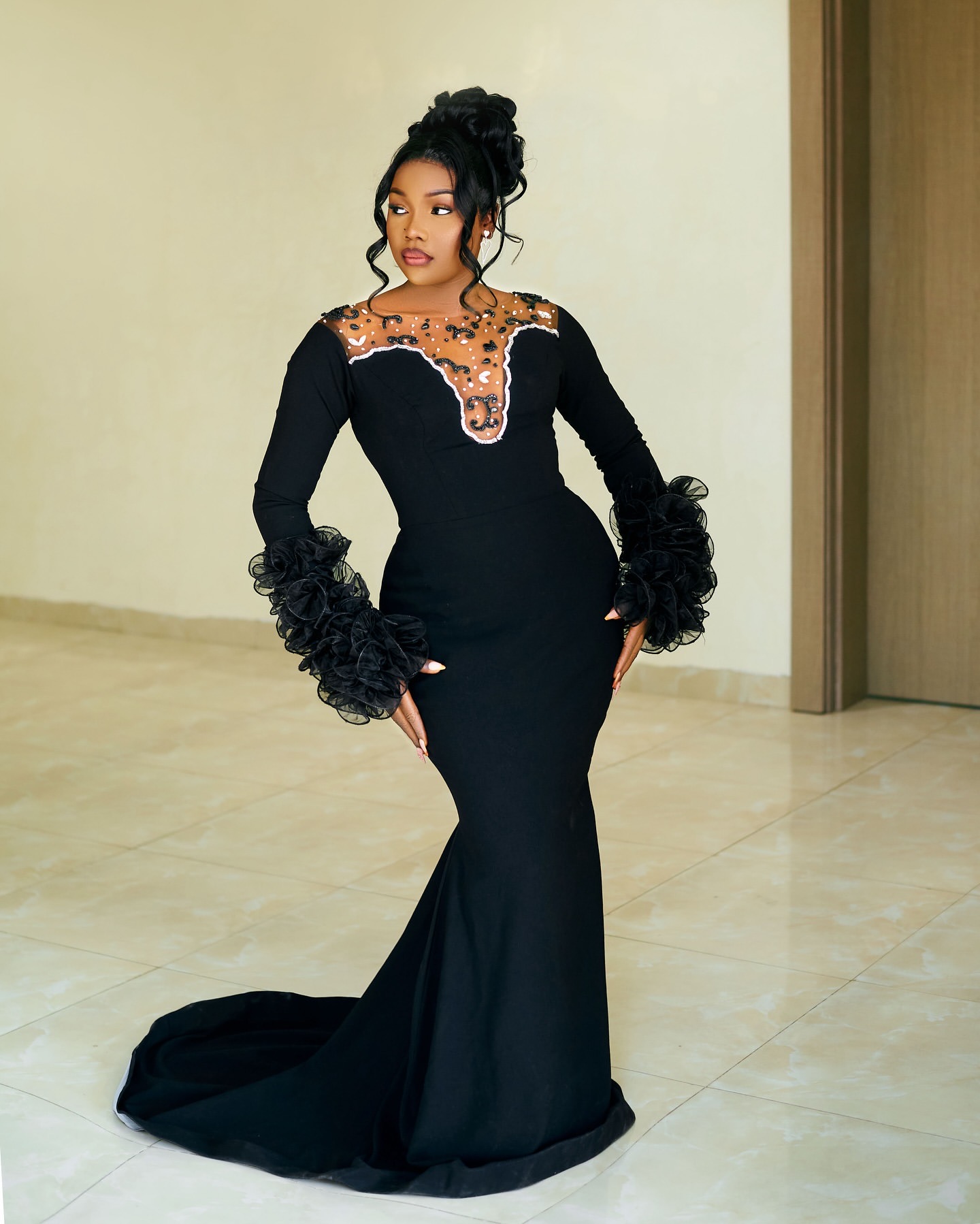 Aso Ebi 2025 Black Mermaid Prom Dresses Crystals Beaded Satin Full Sleeves Evening Formal Party Second Reception Birthday Gowns Dress For Special Occa